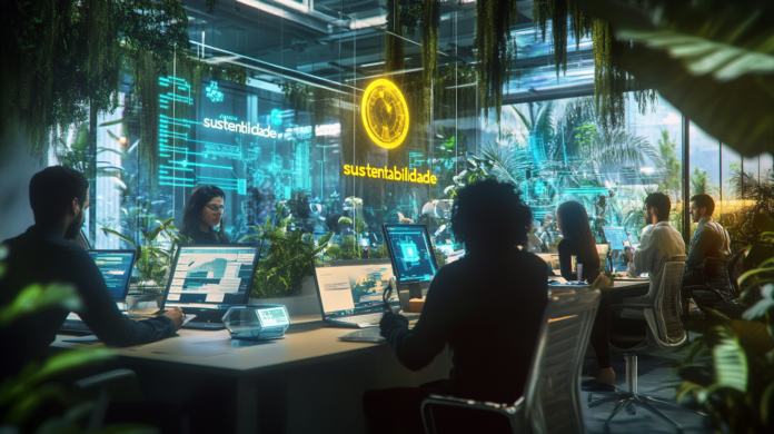 Equipe profissional trabalhando em infraestrutura de telecomunicações sustentável, com foco em inclusão digital e sustentabilidade ambiental, simbolizando os esforços da Agenda 2030 na Anatel.
