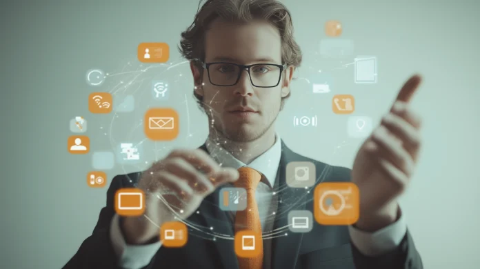 A imagem mostra um homem em um traje formal com uma gravata, interagindo com uma interface digital futurista. Ele está tocando em uma tela virtual que exibe uma série de ícones relacionados à tecnologia e à mídia digital, como um notebook, um smartphone, uma câmera, uma televisão, entre outros. Os ícones estão dispostos em um arco ao redor da mão do homem, destacando-se em uma paleta de cores que varia do laranja ao branco, o que sugere uma interface de usuário avançada e interativa. A imagem sugere temas de inovação, tecnologia da informação e interatividade digital (governança de TI)