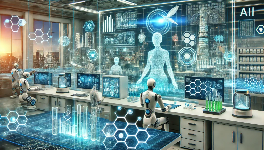 DALL·E 2024 12 06 12.44.11 A futuristic depiction of the pharmaceutical industry with artificial intelligence. The scene features a state of the art research lab with glowing AI