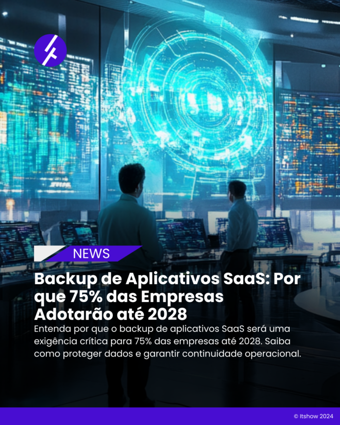 Um data center futurista com profissionais de TI monitorando o backup de aplicativos SaaS em telas de alta tecnologia, representando segurança de dados e processos modernos de recuperação.