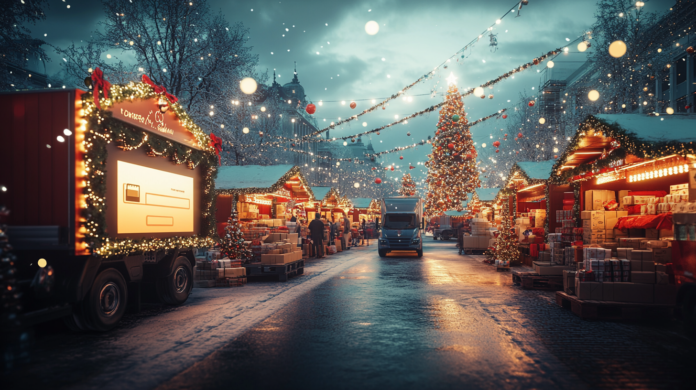 Marketplace movimentado durante o Natal, com decorações natalinas vibrantes, uma interface de transação online segura em destaque e pacotes sendo carregados em caminhões ao fundo, simbolizando a gestão de riscos em marketplaces.