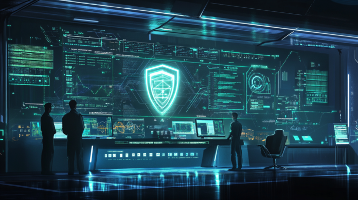Foto em segurança cibernética e hiper-realista de uma sala de operações de segurança cibernética com um escudo digital luminoso, fluxos de dados e profissionais analisando ameaças em telas grandes, destacando o foco na proteção de vulnerabilidades críticas