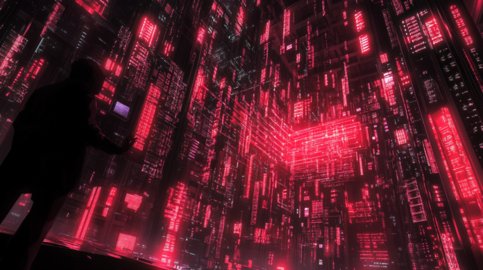 Ataques DDos Visualização hiper-realista de dispositivos IoT e um data center corporativo sob ataque DDoS em larga escala, com luzes vermelhas de alerta brilhando e projeções de código binário.