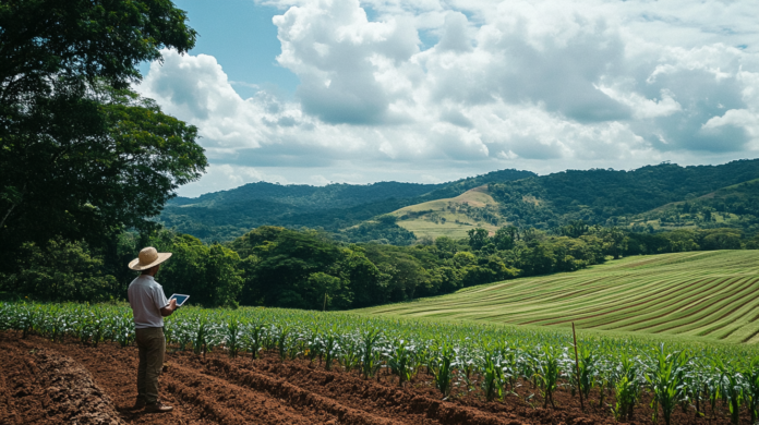 Fotografia hiper-realista de uma paisagem rural brasileira com um agricultor usando um tablet para monitorar dados ambientais, destacando como o ScoreCAR aumenta a confiabilidade do Cadastro Ambiental Rural.