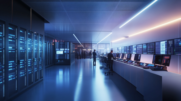Fotografia hiper-realista de um data center corporativo personalizado, com servidores modernos, luzes LED e profissionais analisando telas digitais, representando segurança e eficiência.