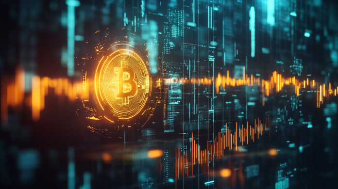 Fotografia hiper-realista de uma moeda digital de Bitcoin brilhando em um fundo futurista com gráficos financeiros em alta e elementos abstratos de tecnologia blockchain, simbolizando o marco histórico de US$ 100 mil.
