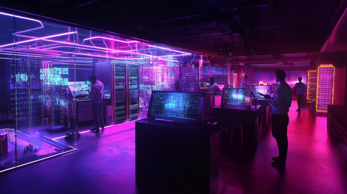 Imagem hiper-realista de um data center futurista com profissionais de TI trabalhando em telas holográficas para gerenciar um processo de Disaster Recovery, cercados por racks de servidores iluminados em um ambiente de alta tecnologia.