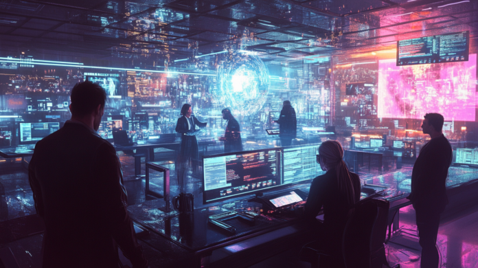 Representação hiper-realista de interoperabilidade, com sistemas digitais conectados em uma rede futurista. A imagem apresenta nós brilhantes e linhas que conectam tecnologias diversas, como sistemas de saúde, plataformas financeiras e dispositivos inteligentes, simbolizando integração e fluxo de dados.
