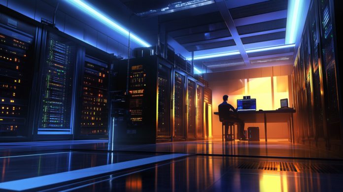 Imagem hiper-realista de uma moderna sala de servidores corporativos, com servidores iluminados por LEDs, um profissional de T.I. trabalhando em um laptop de última geração, representando uma infraestrutura de T.I. renovada e eficiente.