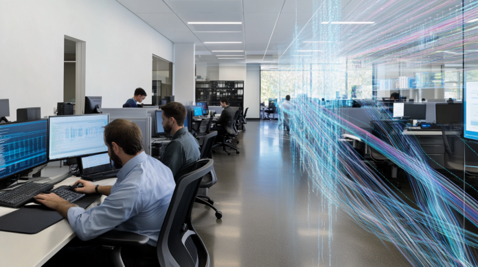 Escritório moderno com cabos de fibra óptica transparentes integrados às paredes e estações de trabalho, destacando a tecnologia FTTR-B em um ambiente corporativo elegante e futurista.