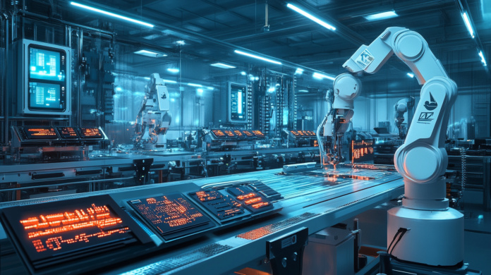 Imagem hiper-realista de uma fábrica moderna de semicondutores no Arizona, com máquinas avançadas e robôs produzindo chips Nvidia Blackwell, simbolizando inovação tecnológica em IA.