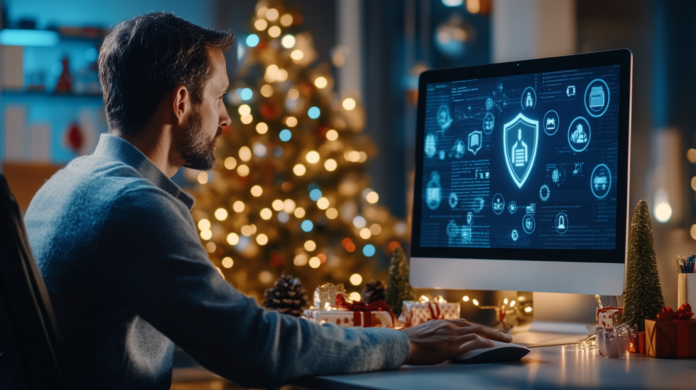 Executivo analisando uma tela de computador com tentativa de phishing em uma promoção natalina, em um escritório moderno decorado com enfeites de Natal, como uma pequena árvore e presentes, representando a proteção contra ameaças cibernéticas.