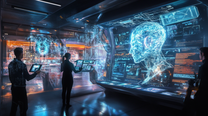 Superfícies de Ataque Centro de operações de cibersegurança futurista em 2025, com displays holográficos exibindo redes interconectadas e sistemas de inteligência artificial, destacando a proteção de ativos de IA em um ambiente de alta tecnologia.