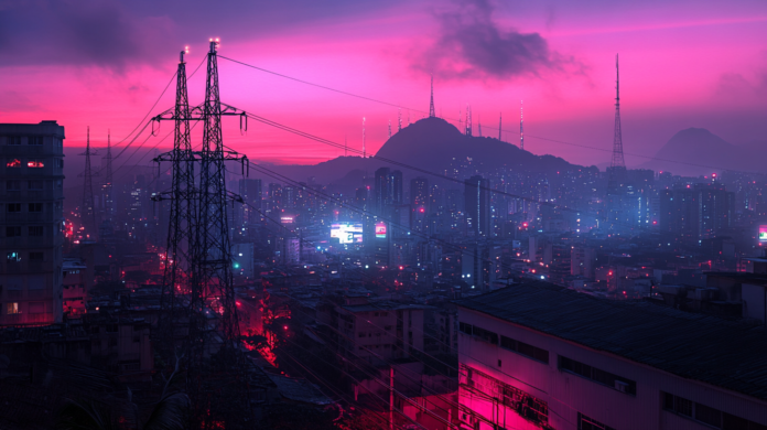 Imagem hiper-realista de uma cidade brasileira iluminada por sinais de rede 5G, com torres de comunicação e infraestrutura digital avançada.