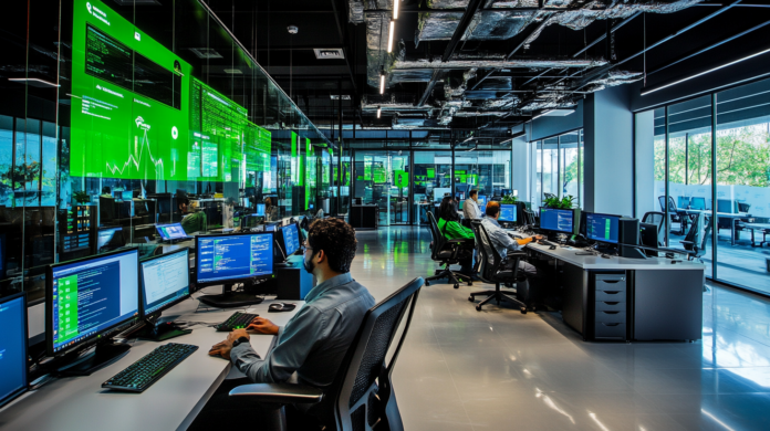 Imagem hiper-realista de um centro de tecnologia focado em computação em nuvem, com profissionais colaborando em soluções avançadas da AWS, simbolizando a expansão da TD SYNNEX no Brasil.