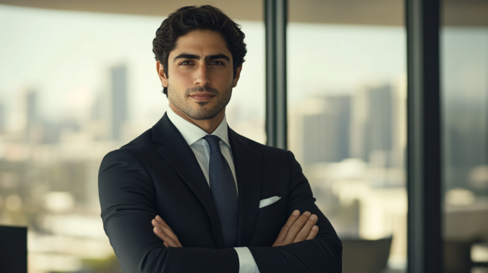 Executivo em um ambiente corporativo moderno, usando terno escuro e camisa branca, com expressão confiante em um escritório de vidro com vista para o horizonte urbano. Representação da governança de TI no setor educacional