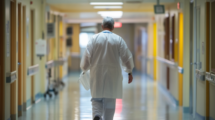 Profissional de saúde caminhando em um corredor de hospital moderno, simbolizando a busca por sustentabilidade na gestão hospitalar, com foco em eficiência e tecnologia.