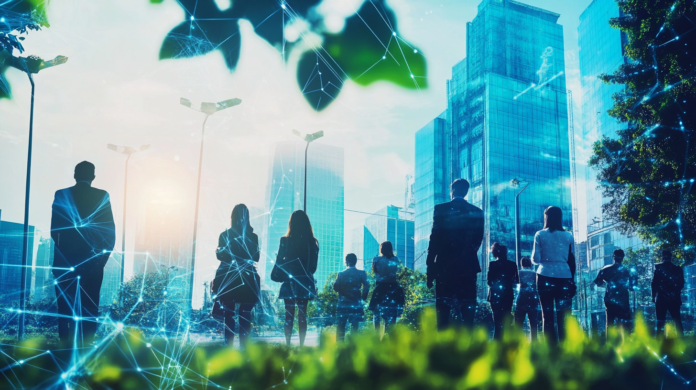 Imagem hiper-realista de um hub de telecomunicações com elementos de energia limpa, como painéis solares e turbinas eólicas, representando a integração dos princípios ESG no setor de telecomunicações.