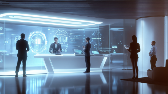 Foto hiper-realista de profissionais utilizando ferramentas de Inteligência Artificial para análise de crédito em um ambiente bancário moderno, com visuais futuristas de dados e um espaço de trabalho colaborativo.