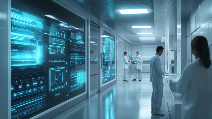 Infraestrutura de TI moderna em um hospital com racks de servidores e profissionais gerenciando sistemas de backup seguros em um ambiente de alta tecnologia.