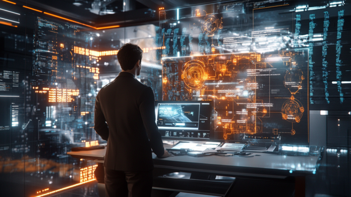 Executivo moderno em um escritório de alta tecnologia, com hologramas e interfaces digitais representando a infraestrutura de TI, incluindo servidores futuristas e conexões de rede iluminadas, destacando inovação e liderança na gestão tecnológica.