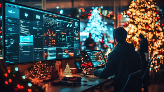 Fotografia hiper-realista de um centro de controle de e-commerce no Natal, com profissionais monitorando ameaças cibernéticas e tráfego de rede em grandes painéis digitais, com decoração natalina ao fundo.