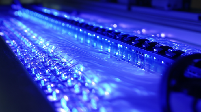 Como a Infraestrutura de Cabeamento : Imagem hiper-realista de um data center futurista com cabeamento de fibra óptica Base 8, luzes azuis brilhantes, racks de servidores e tecnologia avançada simbolizando eficiência otimizada e suporte à inteligência artificial