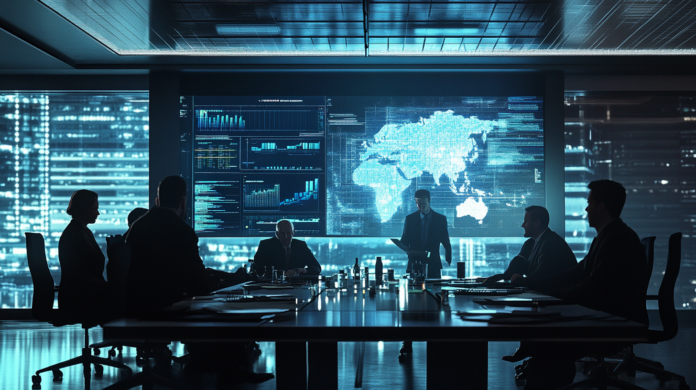 Fotografia hiper-realista de um CISO apresentando uma estratégia de segurança cibernética para executivos do C-Level em uma sala de reunião moderna, com gráficos digitais de dados e uma atmosfera colaborativa.