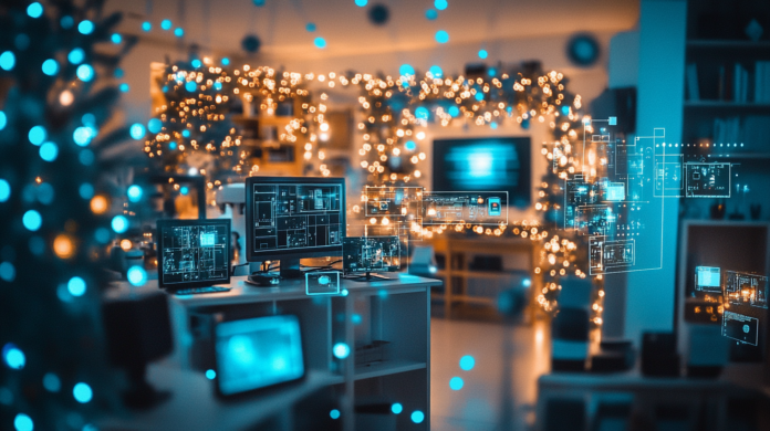 Fotografia hiper-realista de uma casa inteligente com dispositivos IoT, como câmeras de segurança e assistentes virtuais, com luzes de Natal ao fundo, simbolizando conectividade e riscos de segurança.