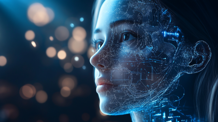 Imagem conceitual de um rosto humano com detalhes digitais e circuitos luminosos, representando a inteligência artificial em um estilo futurista e tecnológico.