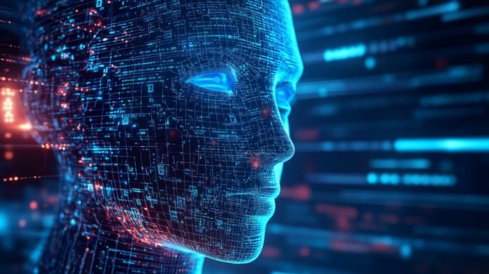 Representação futurista de Inteligência Artificial com um rosto digital composto por circuitos e luzes azuis, simbolizando a tecnologia avançada e a integração da IA no ambiente digital.