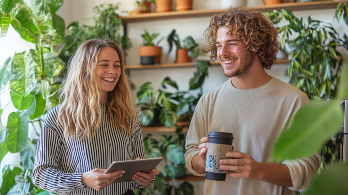 Dois colegas sorrindo em um ambiente de trabalho moderno e acolhedor, exemplificando colaboração no trabalho enquanto interagem com um tablet. Ao fundo, plantas e prateleiras decorativas complementam o espaço iluminado por luz natural.