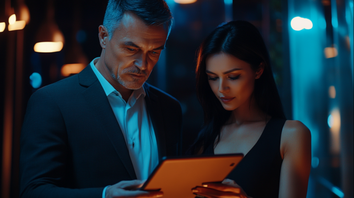 Dois profissionais analisando um roadmap estratégico em um tablet, em um ambiente externo. Ambos estão bem vestidos, transmitindo um ar profissional e colaborativo. O fundo apresenta árvores e vegetação, destacando o foco e a seriedade da atividade em um cenário iluminado naturalmente.