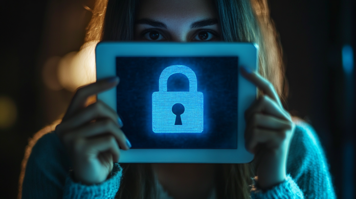 Fotografia hiper-realista de um profissional de negócios utilizando autenticação multifator em um laptop, com foco nas mãos digitando o código de verificação em um ambiente de escritório moderno. A imagem transmite segurança digital e inovação.