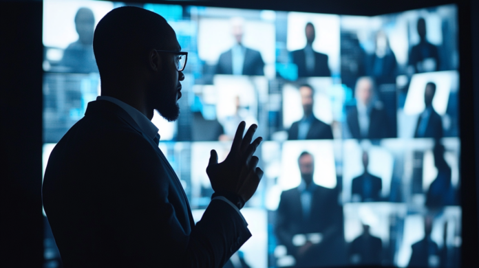 Profissionais de TI em um ambiente corporativo futurista usando realidade virtual, plataformas de inteligência artificial e interfaces digitais para capacitação.