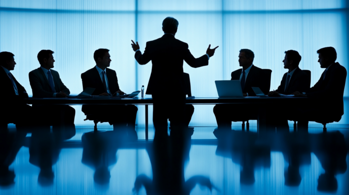Silhueta de um executivo apresentando uma reunião em uma sala de conferência moderna, cercado por colegas de equipe em um ambiente corporativo. A cena destaca o uso da tecnologia, com laptops e dispositivos em cima da mesa, sugerindo uma discussão sobre inovação e tendências tecnológicas no mercado empresarial.