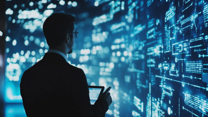 Executivo de TI em um ambiente corporativo moderno, sentado em frente a telas com gráficos e códigos de segurança digital, representando inovações tecnológicas e cibersegurança em um futuro próximo.