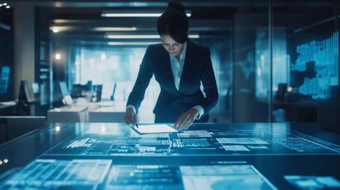 Executiva em um ambiente corporativo moderno revisando um painel digital interativo como parte de um Checklist de TI. A imagem transmite eficiência e organização em um espaço de alta tecnologia, com monitores e gráficos ao fundo, representando o planejamento estratégico no setor de TI.