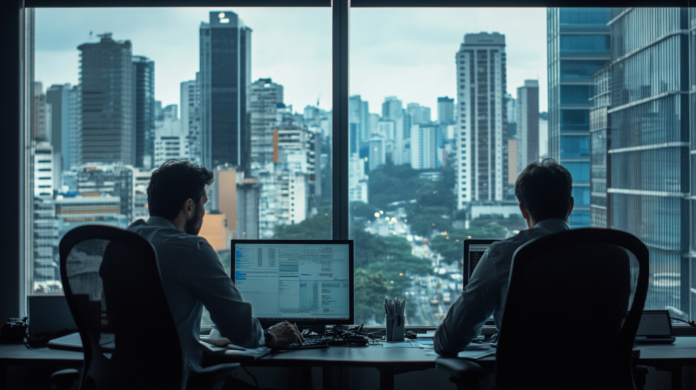 Dois executivos de TI em escritório analisando dados de cibersegurança