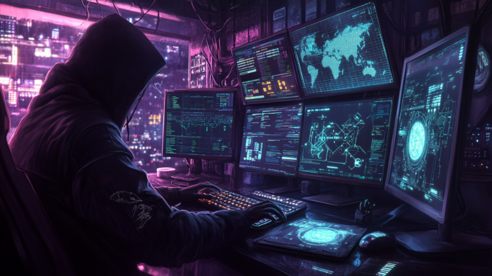 Imagem hiper-realista de uma sala escura com um hacker de capuz em frente a monitores mostrando códigos e alertas de segurança, representando as ameaças da Dark Web em 2025.