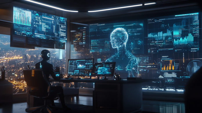 Fotografia hiper-realista de um escritório futurista com agentes de inteligência artificial interagindo com profissionais em frente a telas exibindo gráficos e dados em tempo real, simbolizando a transformação do mercado global.