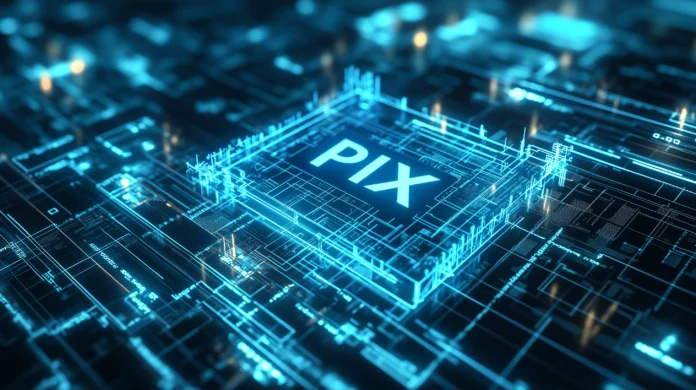 Um ícone de aviso AZUL brilhante com o texto “PIX” dentro, sobreposto a uma interface digital escura preenchida com linhas de código, simbolizando ameaças detectadas em um sistema de segurança cibernética.