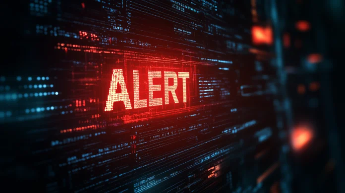 Um ícone de aviso vermelho brilhante com o texto “ALERT” dentro, sobreposto em uma interface digital escura preenchida com linhas de código, simbolizando ameaças detectadas em um sistema de segurança cibernética. Engenharia Social