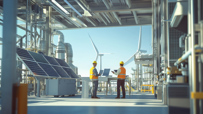 Engenheiros analisam projeto de transição energética com painéis solares e turbinas eólicas ao fundo.