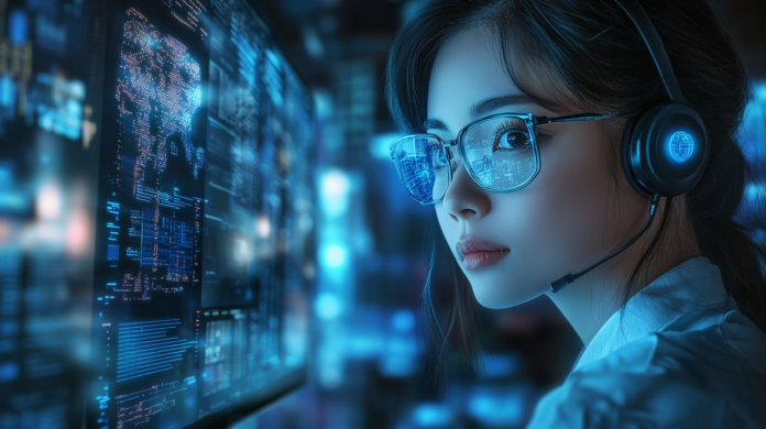 Equipe corporativa analisando um gráfico de conhecimento interativo em uma grande tela digital, representando a integração de dados empresariais estruturados com inteligência artificial.