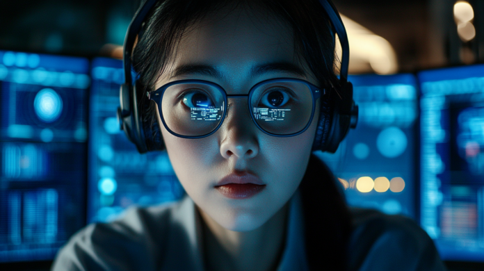 Centro de dados de alta tecnologia com fileiras de servidores iluminados, contrastando com máquinas ociosas acumulando poeira, representando o desperdício na nuvem causado pela Inteligência Artificial.