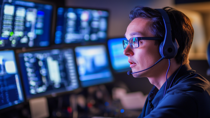 Um analista de SOC concentrado trabalha em um centro de operações de segurança moderno, monitorando alertas de ameaças cibernéticas em tempo real em várias telas iluminadas. Ele usa um headset e óculos, refletindo o brilho azul dos monitores enquanto analisa dados detalhados.