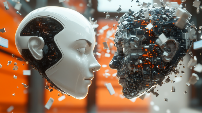 Imagem realista representando uma batalha simbólica entre duas inteligências artificiais, com hologramas futuristas exibindo 