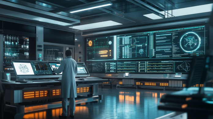 Um centro de dados hospitalar altamente seguro, com um médico acessando um prontuário eletrônico em um tablet, enquanto um sistema de autenticação multifator verifica sua identidade. Telas mostram dados criptografados, representando a segurança digital no setor de saúde com o modelo Zero Trust