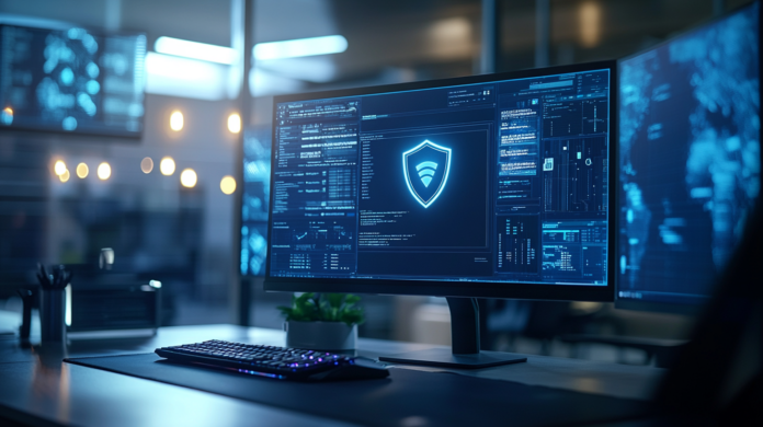Imagem hiper-realista de um computador moderno com aplicativos Adobe sendo atualizados na tela, representando a proteção contra falhas de segurança após o patch de atualização.